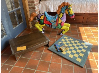 Plastic Painted Carnival Horse with a Checkerboard Top and Low Wood Table