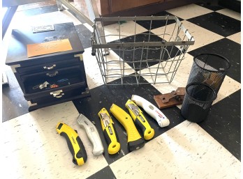 Six Utility Knife Holders with Office Baskets and Small Set of Drawers
