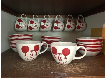 Eight Large Mickey Mouse Red Tea Cups with Six Red Striped Matching Bowls