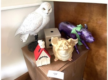Three Piggy Banks with Metal Owl Figure and Dice Box