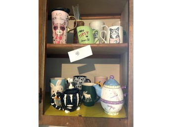 Assorted Group of Mugs and Whimsical Teapot