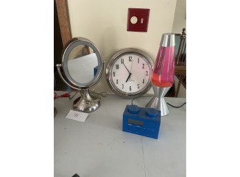 Lava Lamp with Wall Clock, Conair Mirror and Lego Clock/Radio