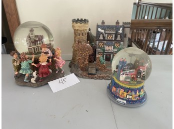 Light up Castle, with Figural Snow Globe and NYC Snow Globe