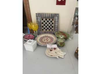 Two MacKenzie Childs Plates and a Mackenzie Childs Lidded Jar