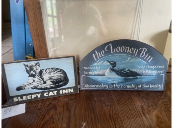 Group of Bird Houses with Wood Model Church and Two Wood Signs