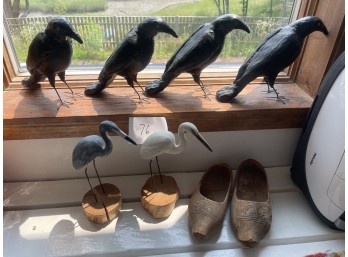 Four Metal Crow Figures with Two Carved Wood Birds
