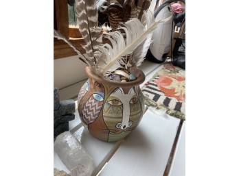 Keyna Pottery Vase Filled with Stones, Shells and Feathers