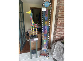 Tall Whimsical Wood Painted Clock with Table with Giraffe