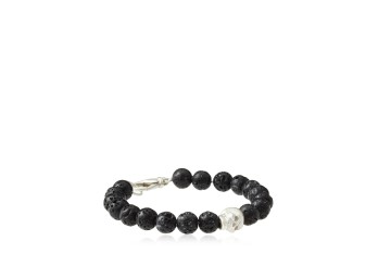 Rotenier Skull Lava Bead Bracelet - Brushed Silver