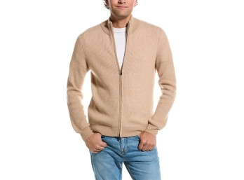 Two Amicale Men's Ribbed Cashmere Zip Cardigans - Camel Oat - Size XXL