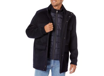 Cole Haan Men's Double Bib Collar Wool Field Coat, Navy, XX-Large