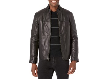 Cole Haan Men's Smooth Leather Stand Collar Moto Jacket, Java, XX-Large