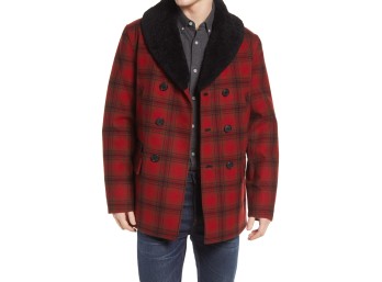 Pendleton Tribeca Genuine Shearling Trim Plaid Coat, Size Xx-Large in Red/charcoal/deep Olive Plaid at Nordstrom