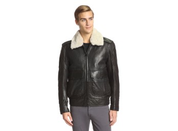 Andrew Marc Men's Corsham Aviator Leather Jacket with Shearling Collar, Black, XXL