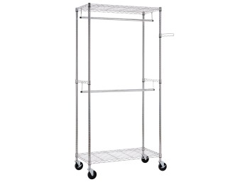 Finnhomy Heavy Duty Rolling Garment Rack Clothes Rack with Double Hanger Rods and Shelves, Portable Closet Organizer with Wheels, 1'' Diameter Thicken Steel Tube Hold Up to 300Lbs, Chrome