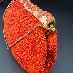 Vintage Red Beaded Purse With Coral- And Pearl-Like Embellishments