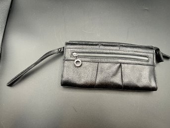 Black Textured Wristlet Clutch With Silver-Tone Ring Pull