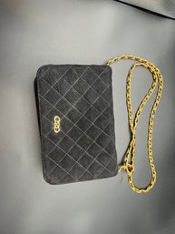 Vintage Black Suede Quilted Crossbody Bag With Gold Chain Strap