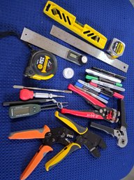 Levelers, Tape Measure, Rulers, Sharpies, Crimpers And Wire Stripers, Digital Angle Finder
