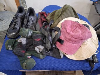 Men's Shoes Size 11, Socks, 2 Umbrellas, Hats Lot