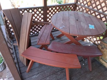 Round Wooden Outdoor Patio Dining Table With Curved Benches - #314