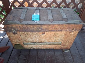 Antique Steamer Trunk Embossed Metal & Wood Slat Storage Chest - #315