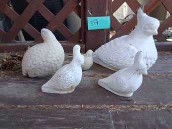 White Cast Concrete Quail And Bird Garden Statues, Lot Of 5 - #317