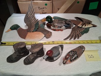 #125 VTG Duck Decoys Wooden Sculptures Wall Art Mallard Redhead & Miniature Work Boots Rustic Lot