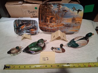 #127 VTG Waterfowl Duck Collection: Hand-Painted Figurine Decoys & Wildlife Plates Lot W/ Display Stands