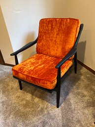 1960s MCM Danish-Style Spindle-Back Lounge Chair Orange Crushed Velvet