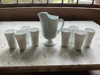 Vintage Indiana Milk Glass Colony Harvest Grape Pitcher And Tumbler Set.