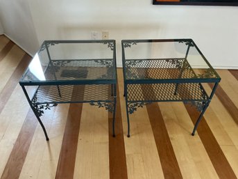 Vintage Set Of 2 Woodard Orleans Pattern Wrought Iron End Tables With Glass Tops