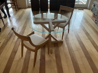 Pickled Oak Glass Top Modern Farm Table With 2 Chairs