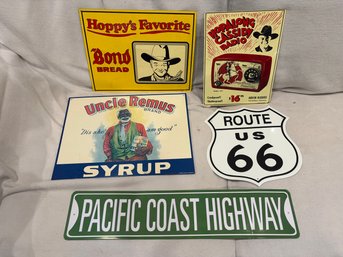 Retro Metal Sign Lot, Hopalong Cassidy, Route 66, Pacific Coast Highway, Uncle Remus Syrup