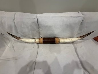 Mid Century Mounted 4 Foot Longhorn Steer Horns With Leather Wrapped Center