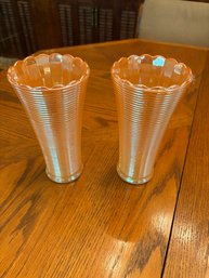 Mid-Century Fire King Peach Lustre Ribbed Glass Vases (2)