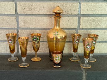 Vintage Bohemian Amber Art Glass Liquor Decanter Bottle & Liqueur Glasses Gold Trim Raised 3D Flower 1960's