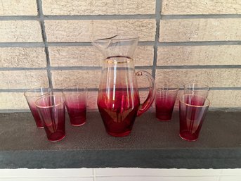 Vintage MCM Blendo Cranberry Rose Pitcher And 6 Tumbler Glasses Set, Gold Trim, West Virginia Glass Co.