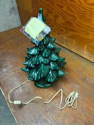 Vintage Green Ceramic Christmas Tree Light Up Tabletop 1-Piece Drip Glaze With Multi-Color Twist Bulbs Works