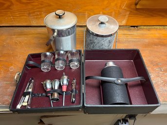 Vintage MCM Travel Bar Set Lot, 1960s Portable Pub Cocktail Suitcase Case With Ice Buckets & Barware Tools