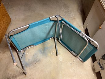 Vintage Aluminum Folding Camping Cots Teal Canvas Mid Century Matching Pair EXCELLENT