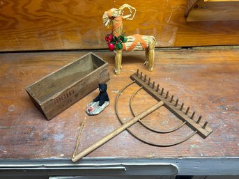 Vintage Primitive Lot: Antique Wooden Hay Rake, Straw Yule Goat, Small Firkin Wood Box & Bear Figurine