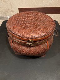 Vintage Chinese Woven Bamboo Hat Box Storage Basket With Brass Clasp