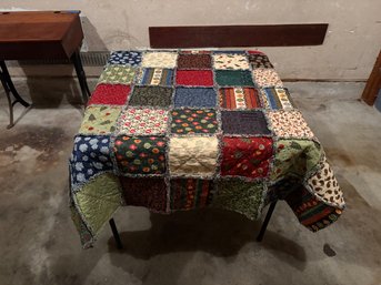 Handmade Christmas Patchwork Rag Quilt Throw / Tablecloth – Holiday Plaid & Floral