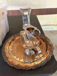 Vintage Estate Lot: Fenton Milk Glass Hobnail, Crystal Lamp Base, Silverplate Serving Set & Glassware