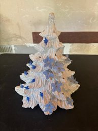 Vintage White Ceramic Christmas Tree With Blue Bird And Flower Lights - Lighted Tabletop Holiday Decor