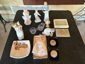 Vintage Decor Lot: Porcelain Angel Figurines, Christening Doll, Glass Creamer, Butterfly Mushroom Plate