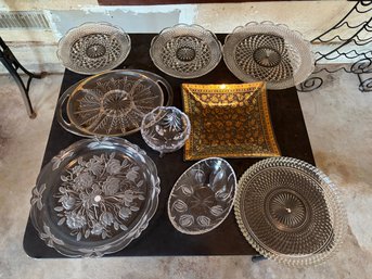 Vintage Pressed Glass Platter Tray Bowl Lot Starburst Floral Pattern MCM Hollywood Regency Serving Dishes