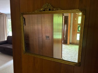 Vintage Ornate Gold Horizontal Wall Mirror With Floral Crest - 31' X 23.5'
