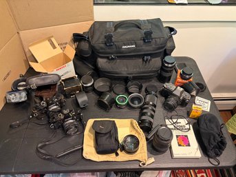 Camera Lot Olympus OM-1 35mm, Pentax P30, Tesla, Tiffen, Telephoto, Lenses, Filters, Bag